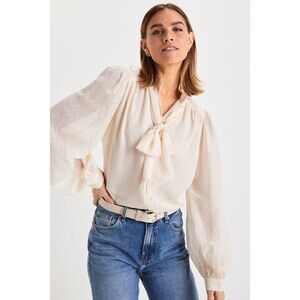 Lulus Sophisticated Impulse Cream Clip Dot Tie-neck Button-up Top White - Size S